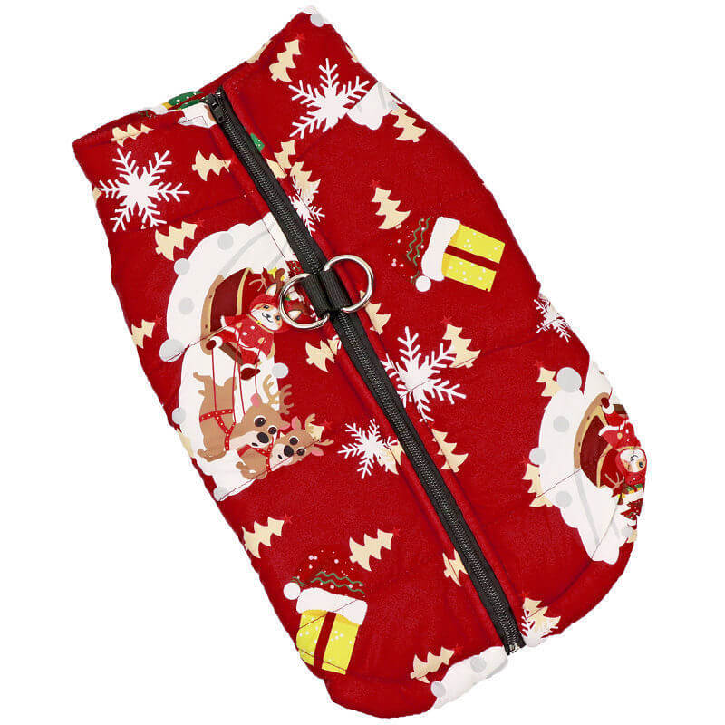Christmas dog vest in vibrant red with festive patterns, perfect for holiday outfits.