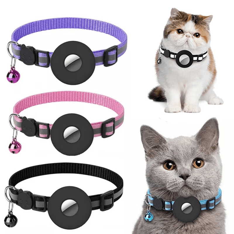 Adjustable nylon pet collar in purple, pink, black, and blue for cats and dogs with bells.