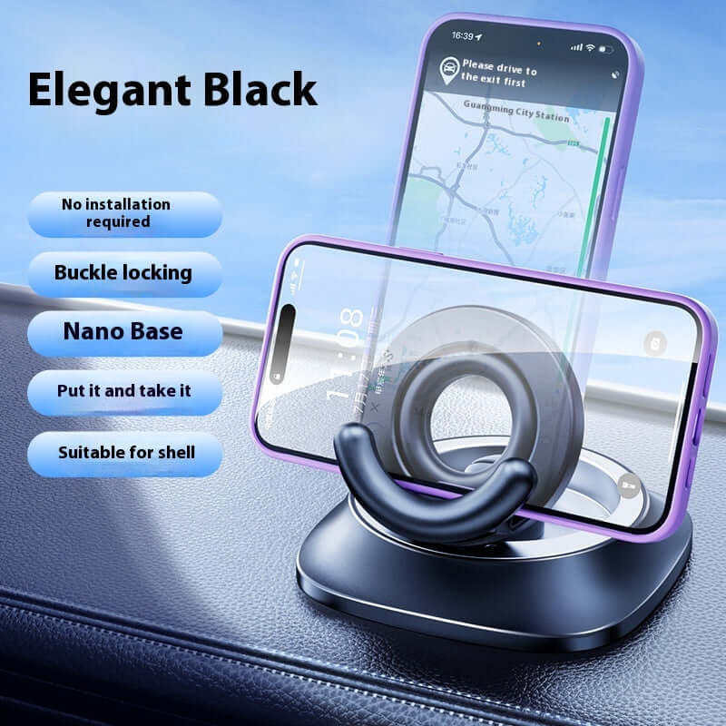 Magnetic car phone holder on dashboard with phone displaying GPS, designed for installation-free use.