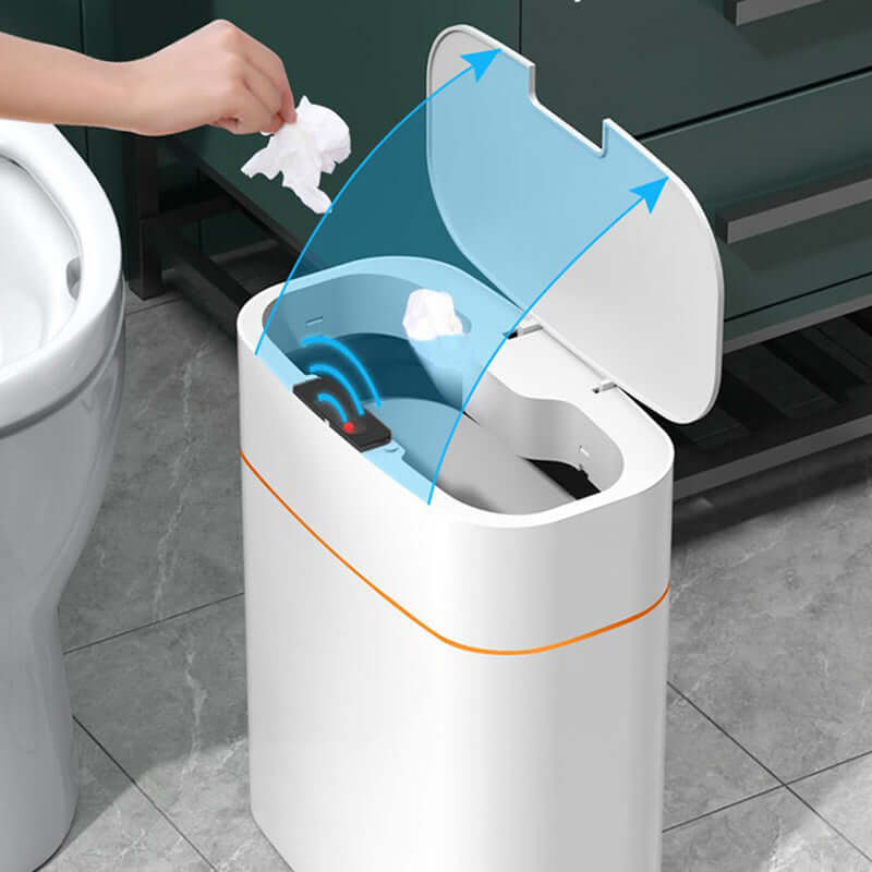 smart motion sensor trash bin auto-opening design for touchless waste disposal in a bathroom setting