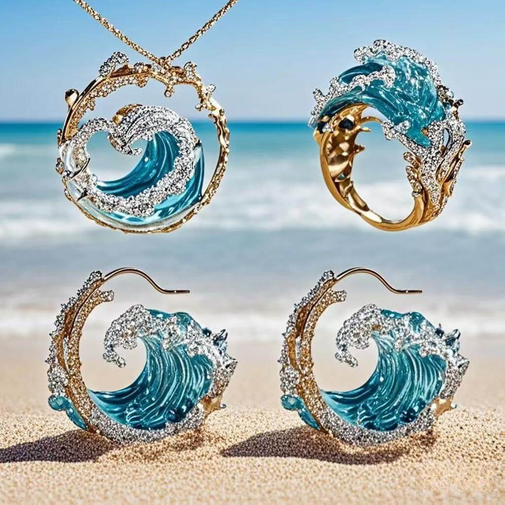 Stainless steel spray finish necklace featuring ocean wave design with turquoise accents and sparkling details.