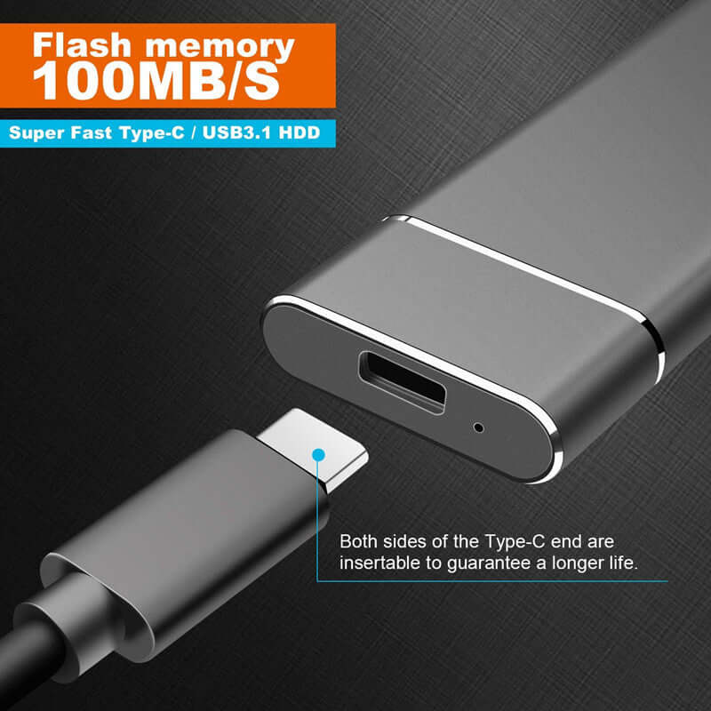 High-speed solid state drive with Type-C connector, delivering 100MB/S data transfer rates.