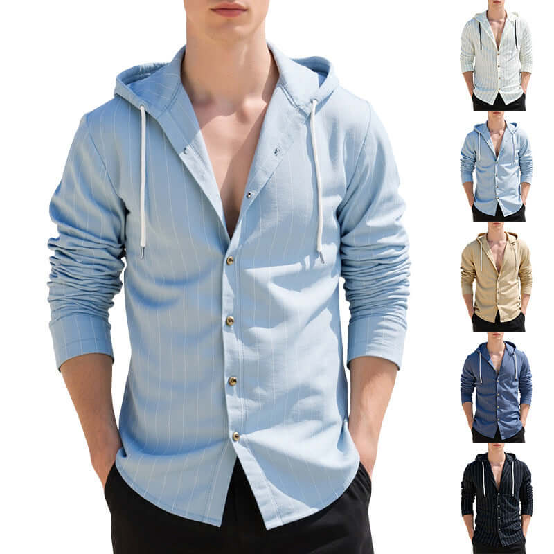 Men's Slim Fit Striped Linen Hooded Cardigan – Long Sleeve in 5 Colours - All you Need