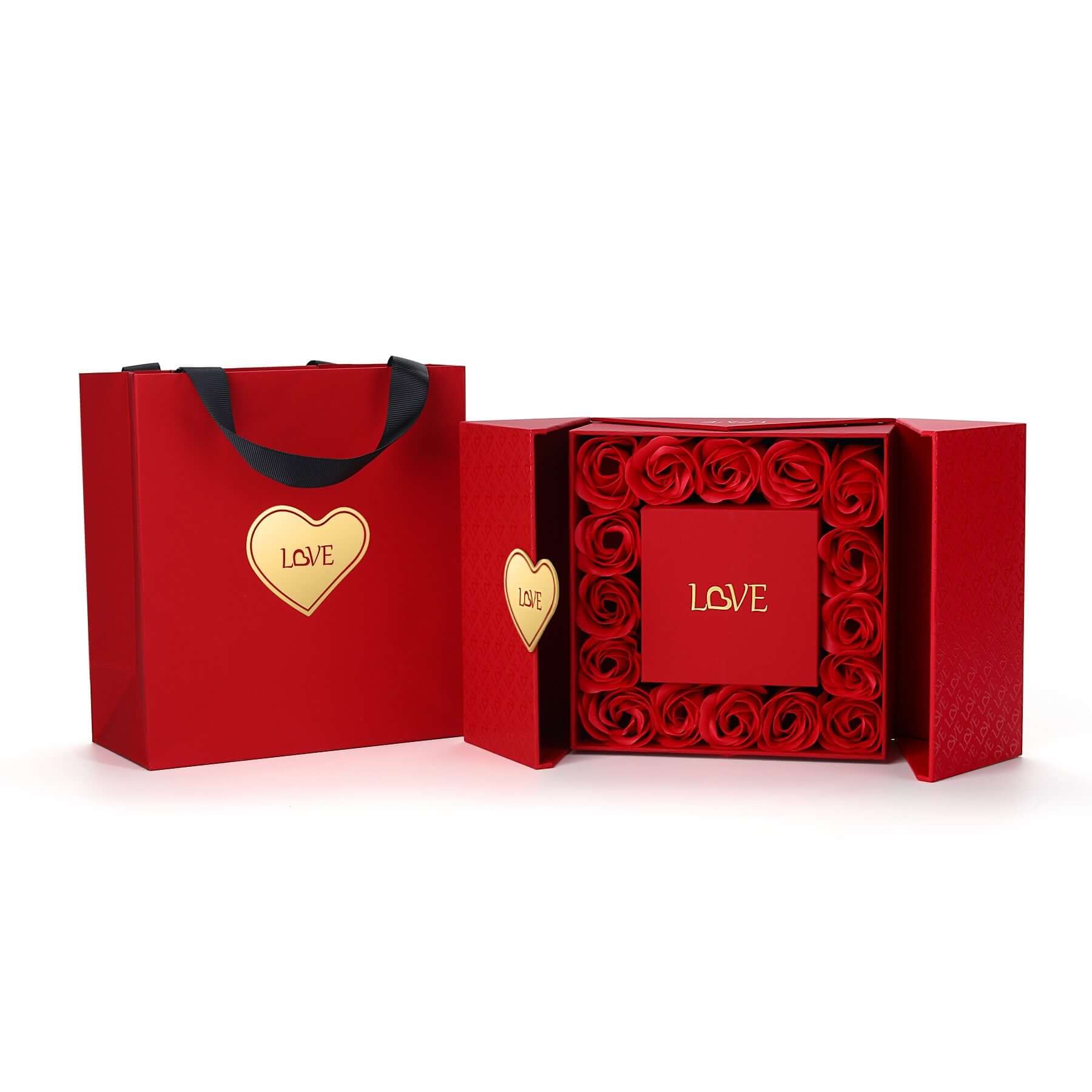 romantic luxury gift box featuring red roses and elegant presentation for Valentine's Day.