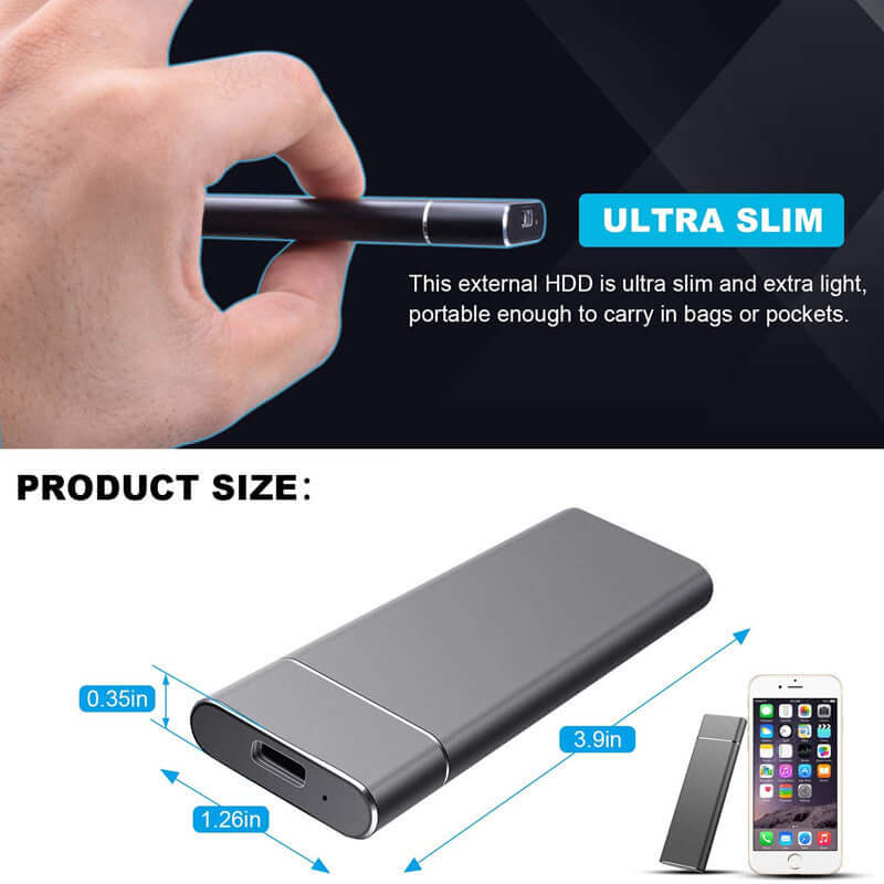 Ultra slim external HDD showcasing compact size and portability for easy carrying in pockets or bags.