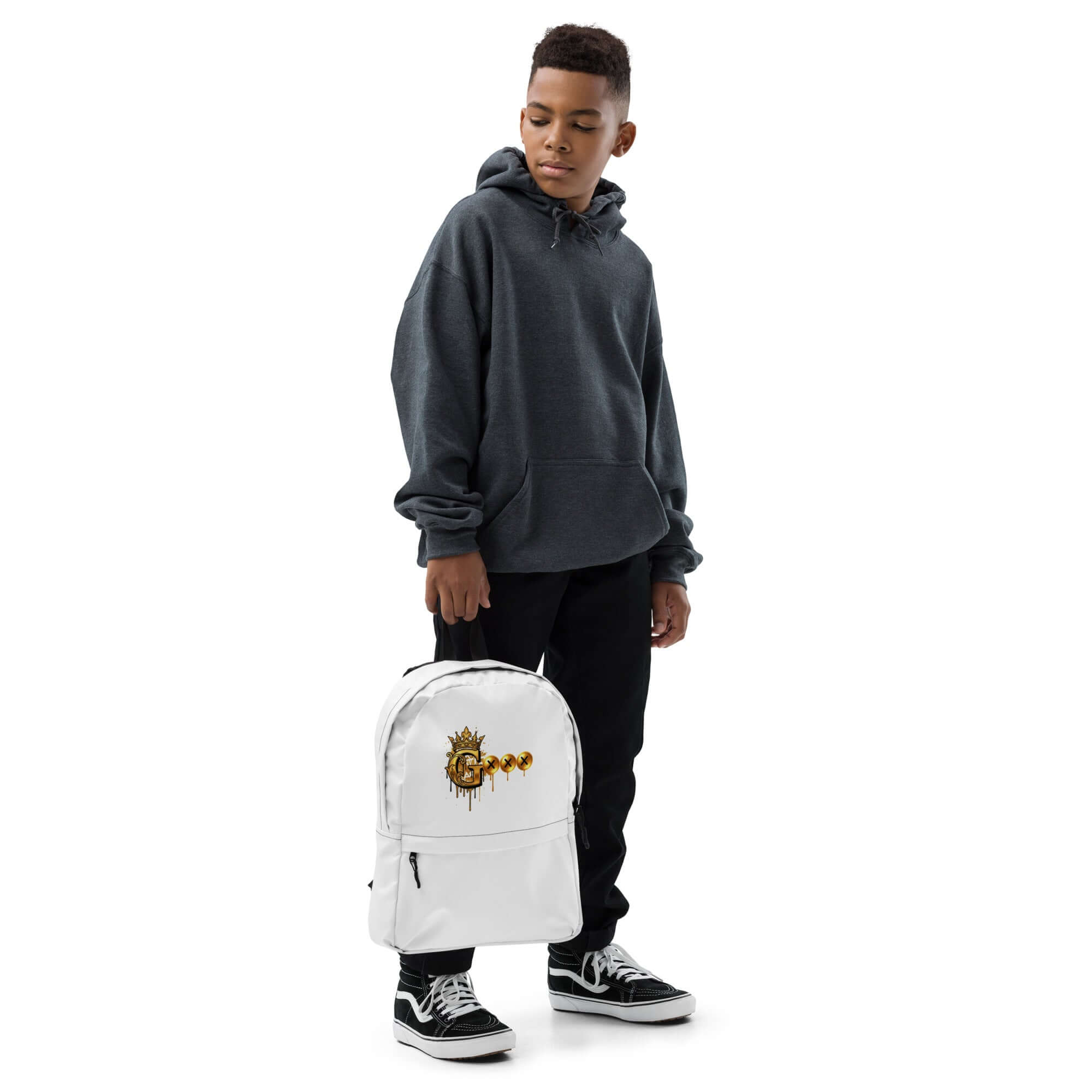 Young boy wearing a hoodie with a white backpack featuring a graphic design, showcasing a stylish water-resistant laptop bag.