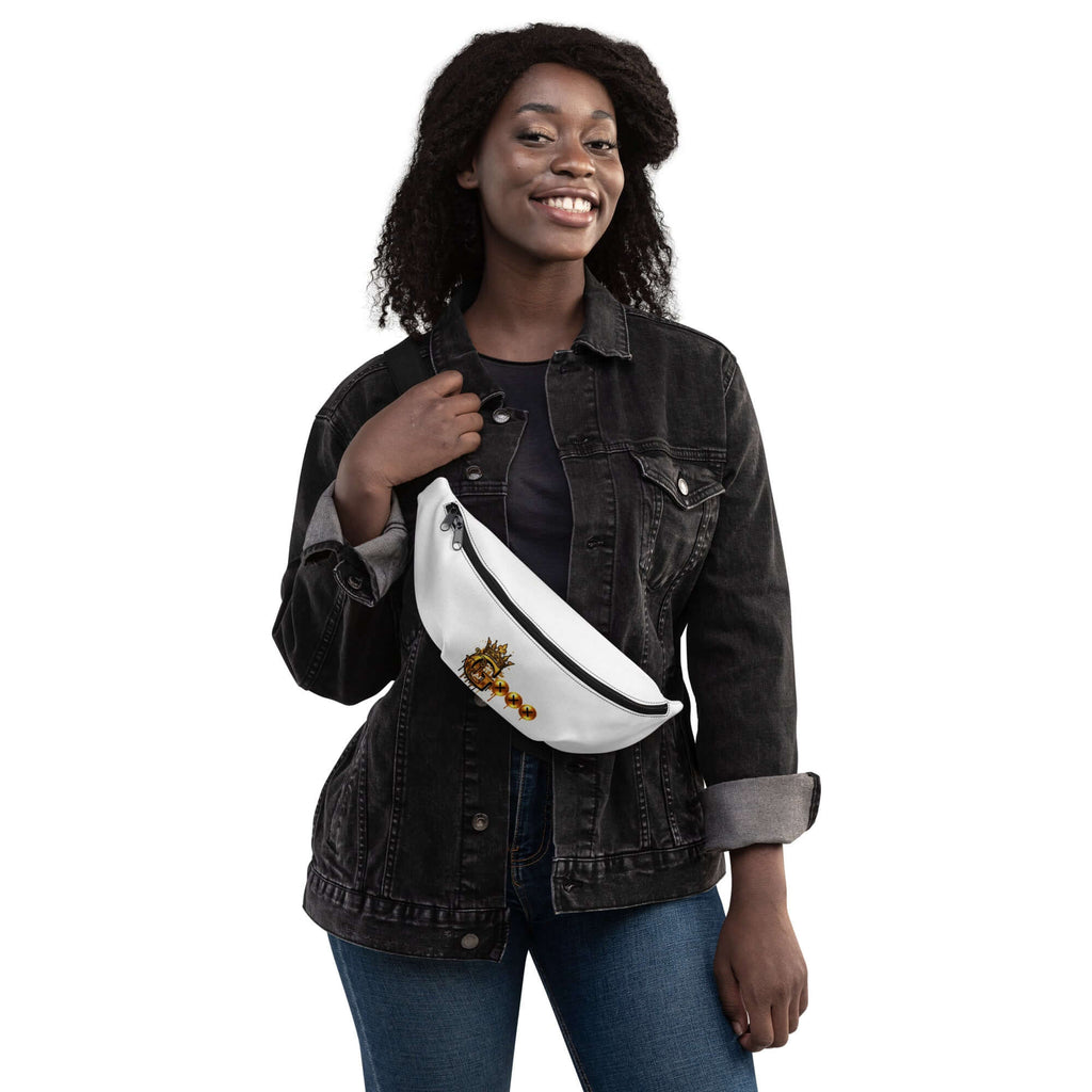 Stylish fanny pack for travel worn by a woman smiling in a denim jacket.
