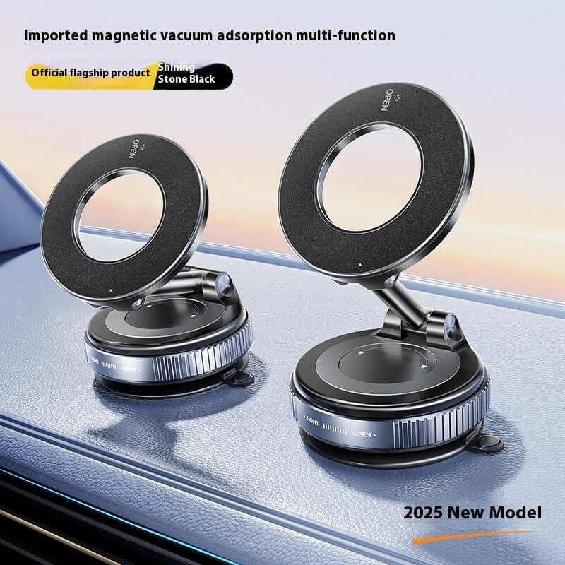 Magnetic car phone holder on dashboard with vacuum adsorption, 2025 new model in stone black color.