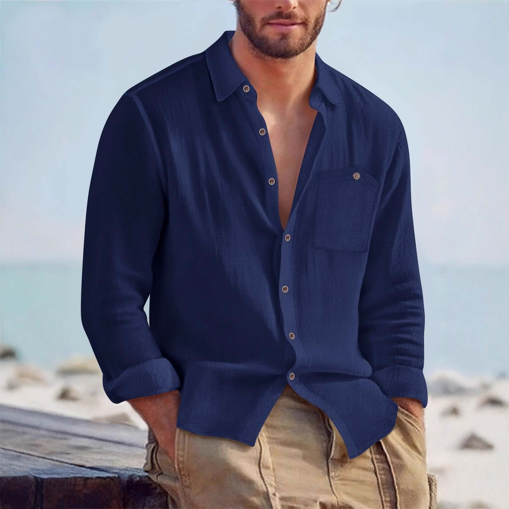 Men's Linen Blend Long-Sleeve Cardigan Shirt – Open Front in 7 Colours - All you Need