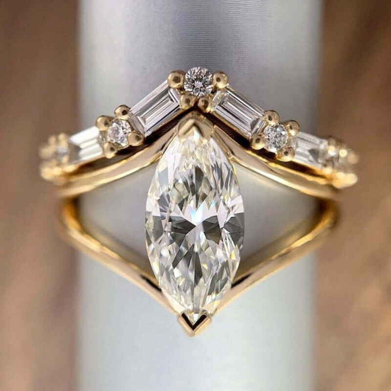 Women's Gold Zircon Geometric Ring Set – 2-Piece Marquise Cut Alloy Rings (Sizes 5–13)