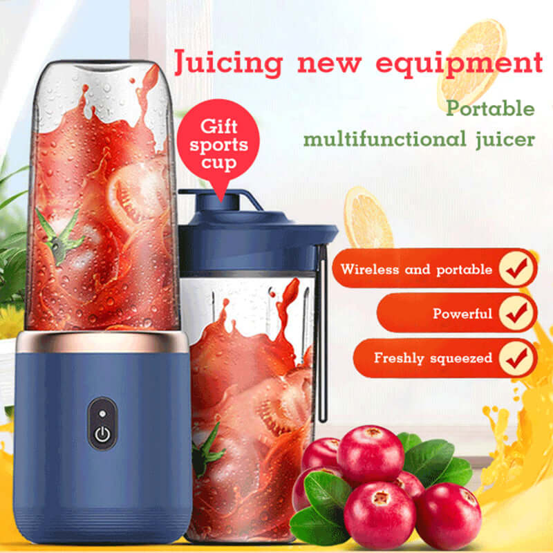 Portable USB juicer machine in blue with fresh fruit juice, powerful and wireless design, perfect for on-the-go use.