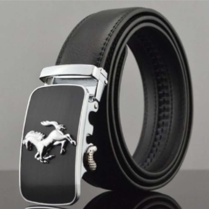 Buckle leather belts featuring a sleek design with a polished buckle and high-quality black leather.