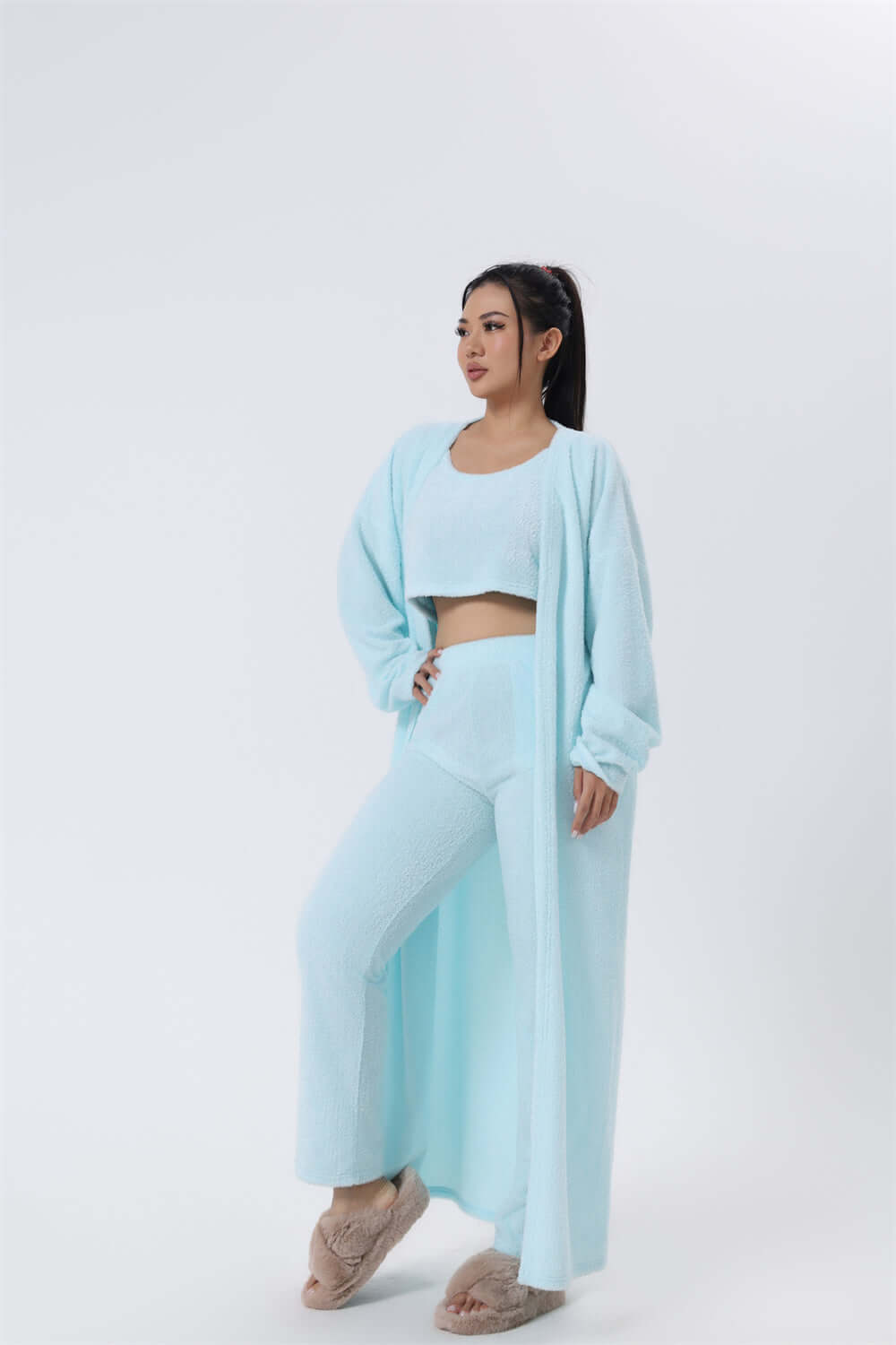 Cozy 3-piece pajama set in light blue, showcasing women's cozy loungewear set for comfort and style.