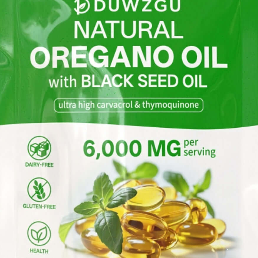 Natural oregano oil with black seed oil soft capsules, 6000 mg per serving, dairy-free, gluten-free.