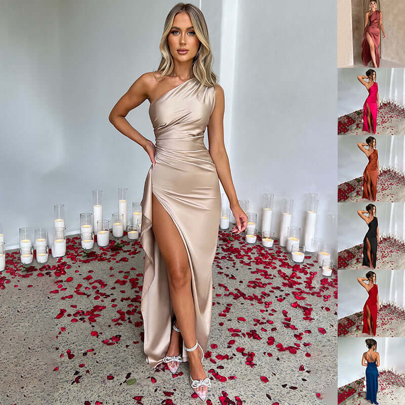 Women's backless slit evening gown in sandy beige with thigh-high slit, perfect for elegant occasions.