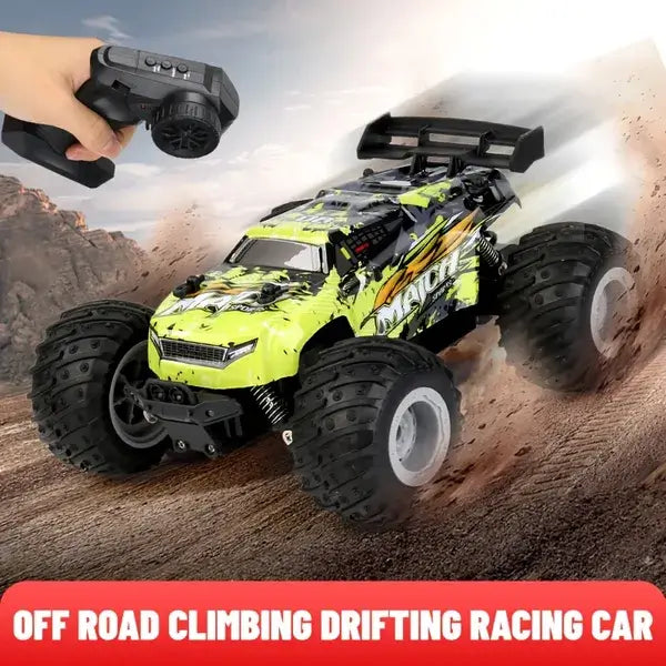 High-speed remote control car racing over rugged terrain with drifting capabilities and remote control in hand.