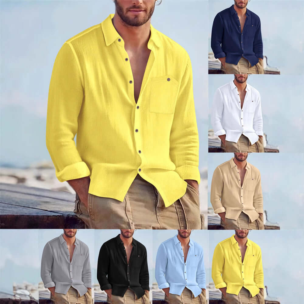 Men's Linen Blend Long-Sleeve Cardigan Shirt – Open Front in 7 Colours - All you Need