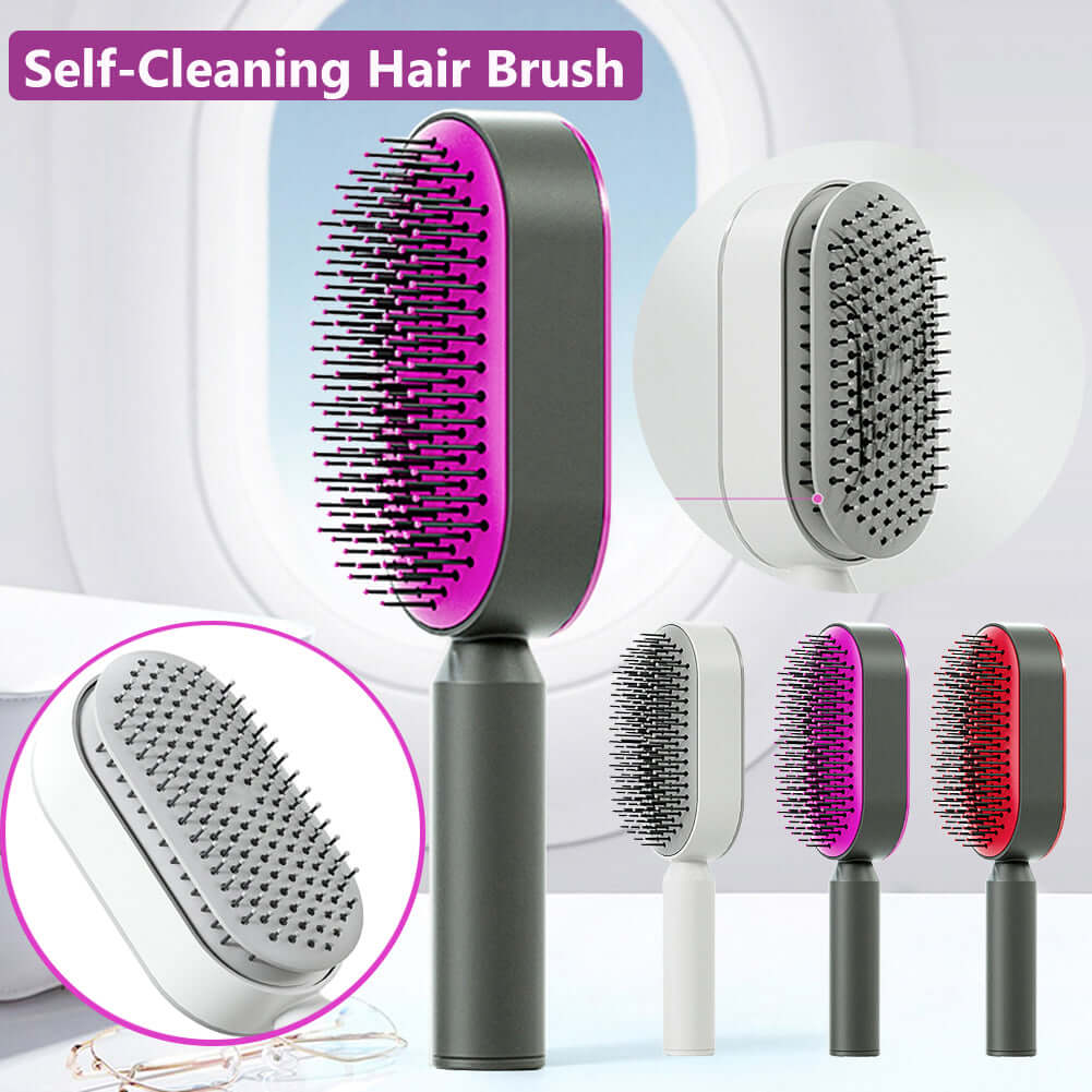 Self Cleaning Hair Hairbrush showcasing 3D air cushion design and various colors for stylish hair care.