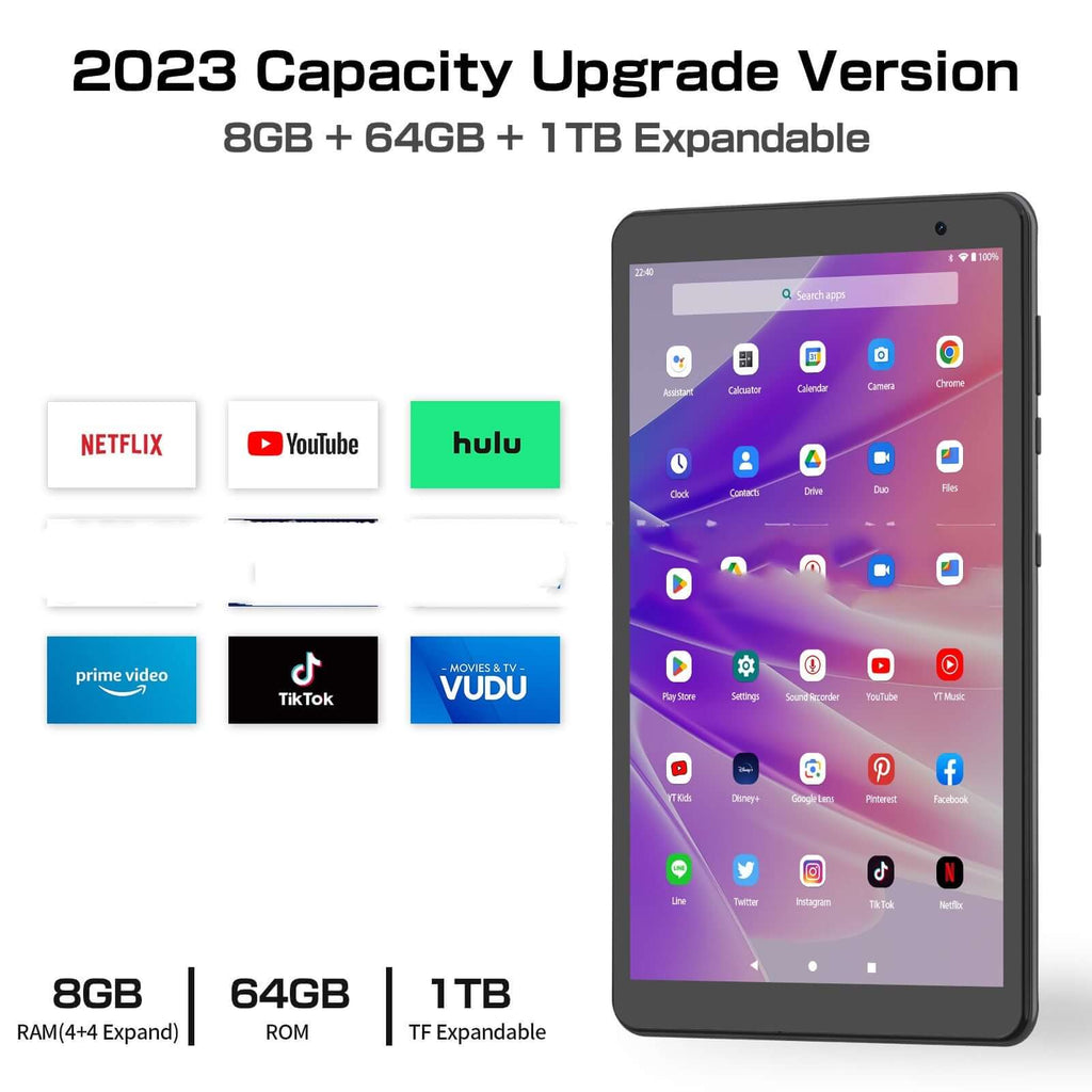 Portable Android tablet for work and study with 8GB RAM, 64GB storage, 1TB expandable, and popular apps.