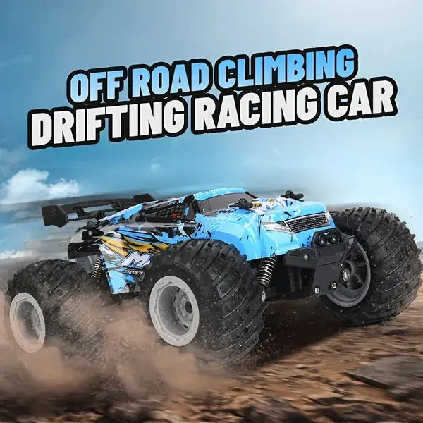 High-speed remote control car in action, drifting and off-road climbing on rough terrain.