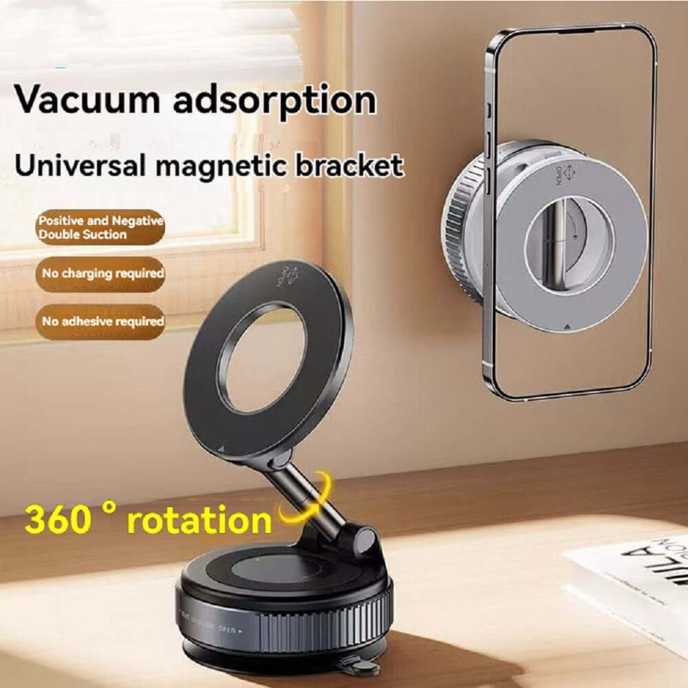 Magnetic car phone holder with 360° rotation and vacuum adsorption for secure phone mounting.
