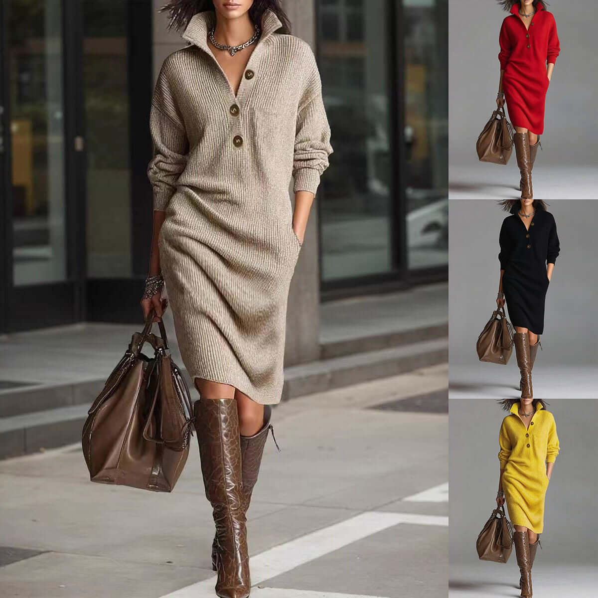 Cozy knit sweater dress in beige worn with brown handbag and knee-high boots, perfect for autumn and winter.