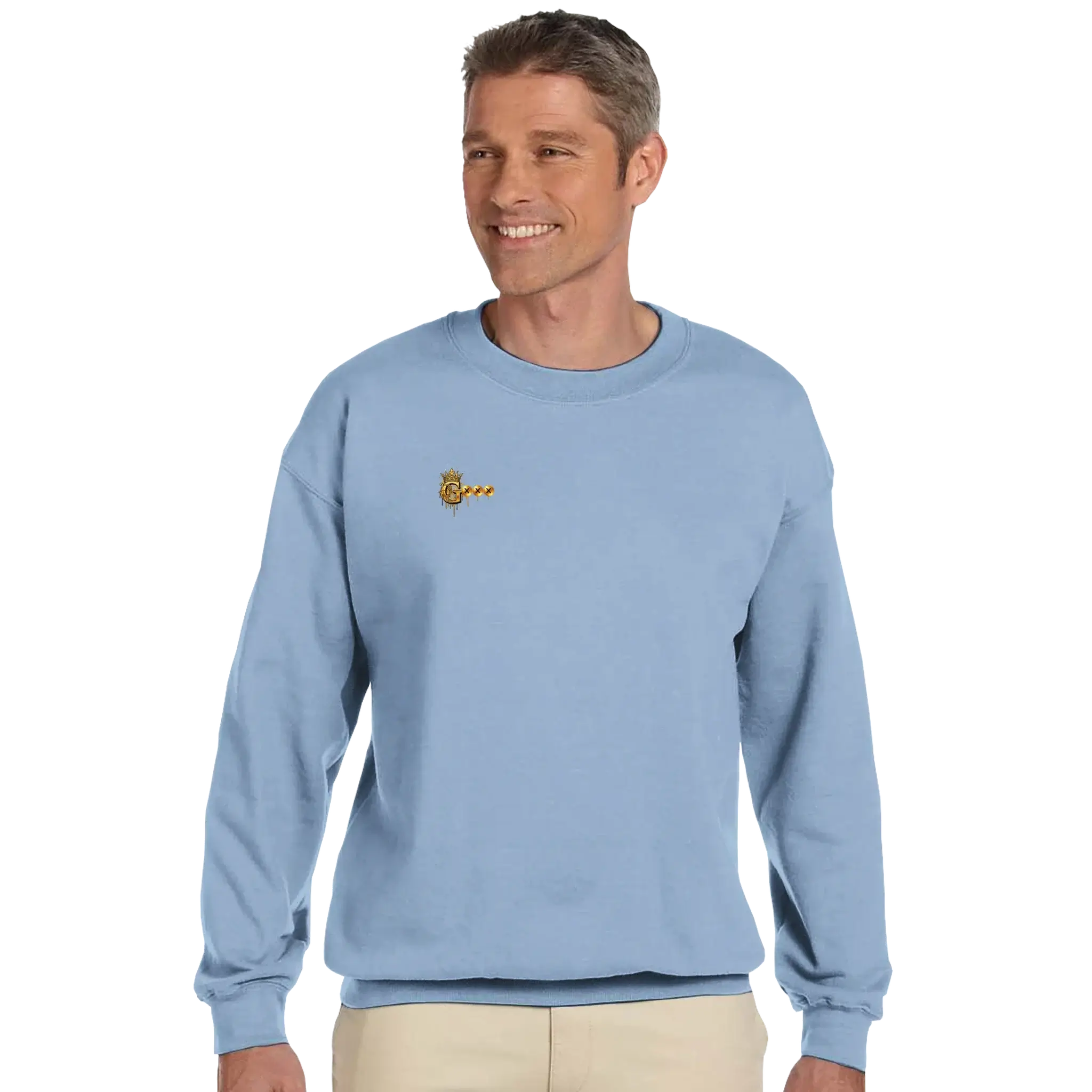 Man wearing light blue classic unisex sweatshirt featuring embroidered design, showcasing comfort and style.