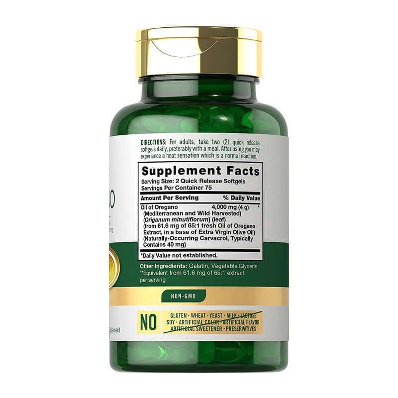 Oregano Oil Capsule bottle with supplement facts, focusing on oregano oil dietary supplement for health benefits.