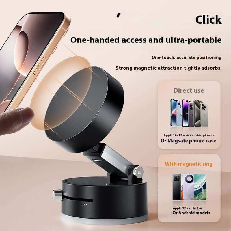Vacuum suction car phone holder with strong magnet for secure one-handed access and portability