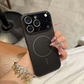 Shockproof magnetic iPhone case held in hand, showcasing stylish design and MagSafe compatibility for iPhone 13-17 series.