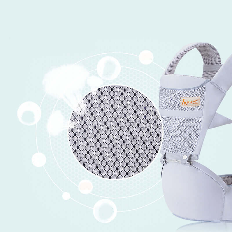 Ergonomic baby carrier with waist support featuring breathable mesh fabric and adjustable straps.