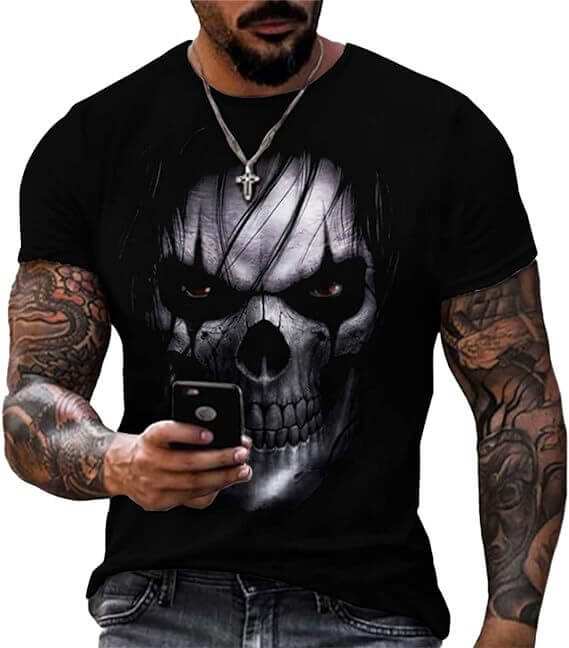 Man wearing skull head graphic t-shirt with short sleeves, displaying a striking skull design.