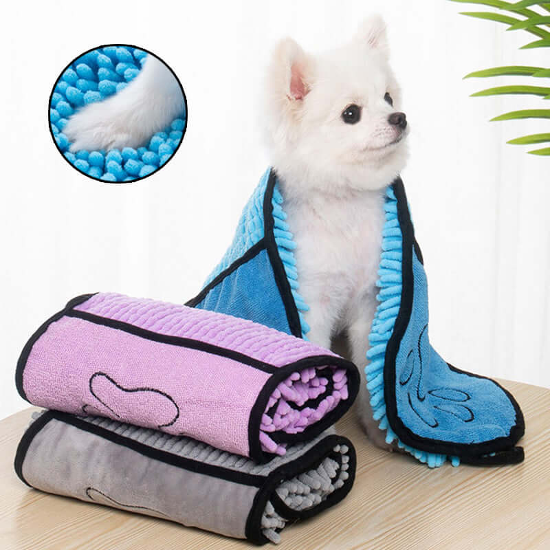 Super absorbent dog bathrobe on a Pomeranian with colorful towels in the background for fast drying after bathing.
