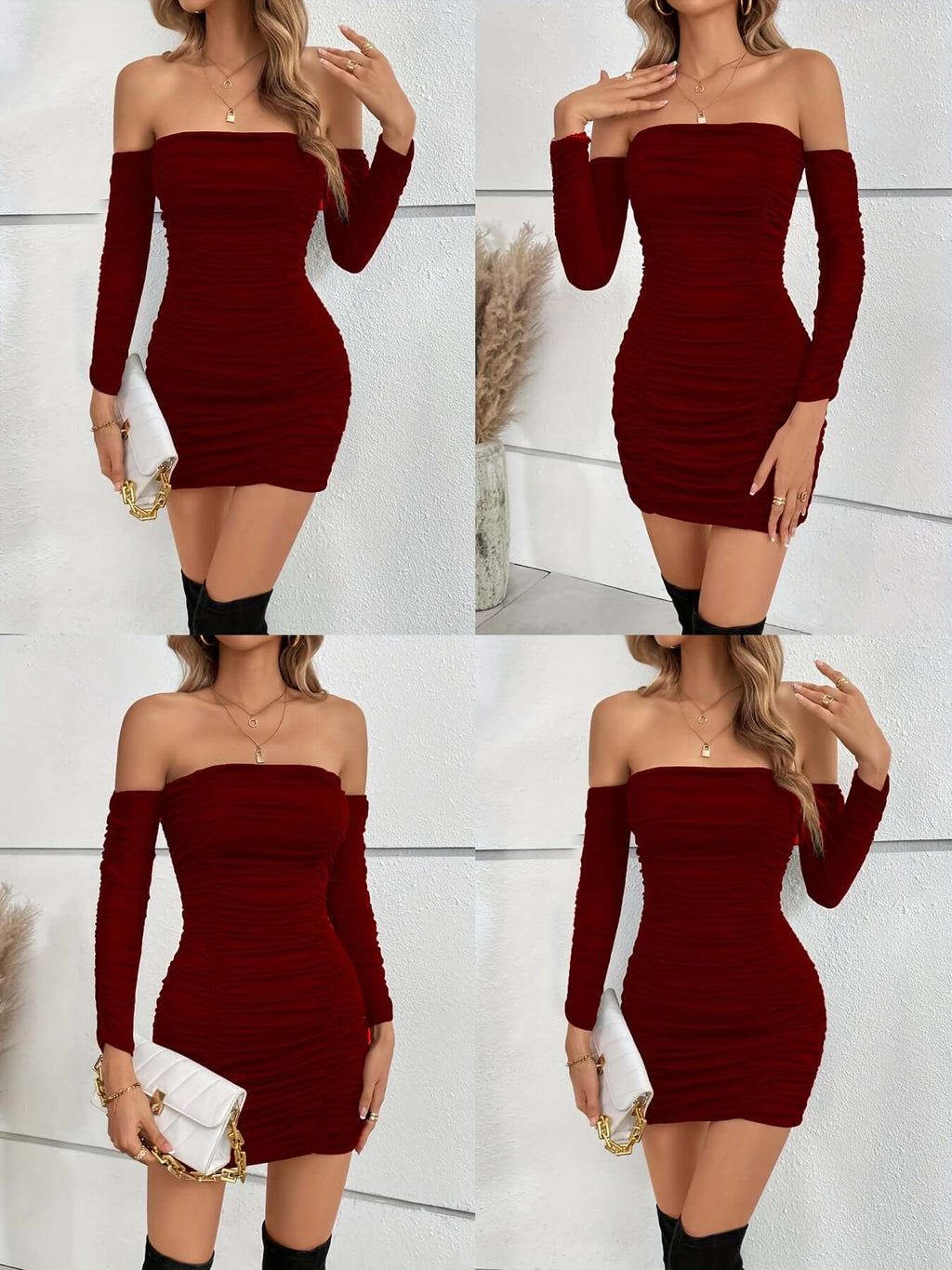 Solid Off Shoulder Long Sleeve Ruffled Dress - All you Need