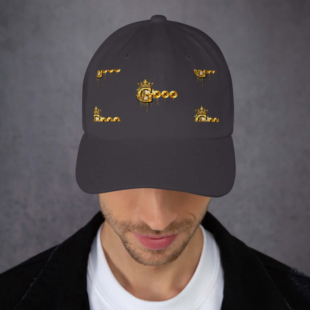 Low profile dad hat featuring shiny gold graphics against a dark background, perfect for stylish casual wear.