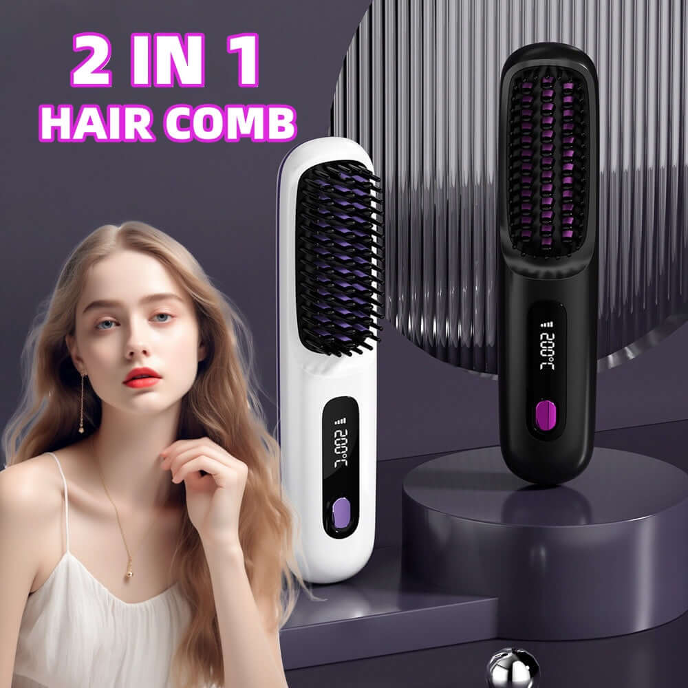 Cordless hair straightener brush in black and white, featuring digital temperature display, ideal for styling and straightening.