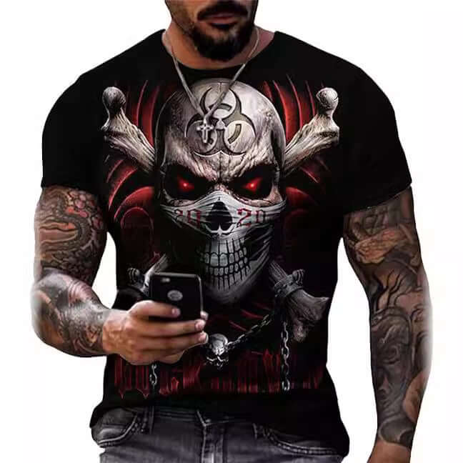 Printed short sleeve skull head graphic t-shirt on a man, featuring skull design with crossbones and red accents.
