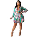 Model showcasing a stylish long sleeve skirt suit with vibrant prints and a trendy design.