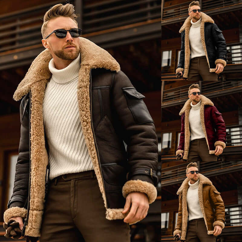 Stylish man wearing a warm padded winter jacket in various colors, showcasing its cozy fur collar and design.