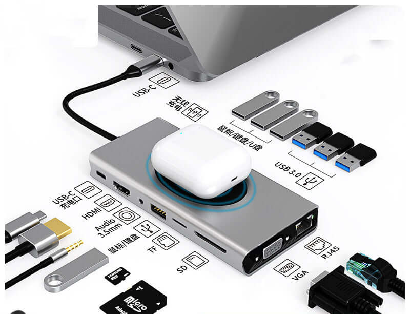 Compact USB hub for laptop with multiple ports and devices connected for easy connectivity.