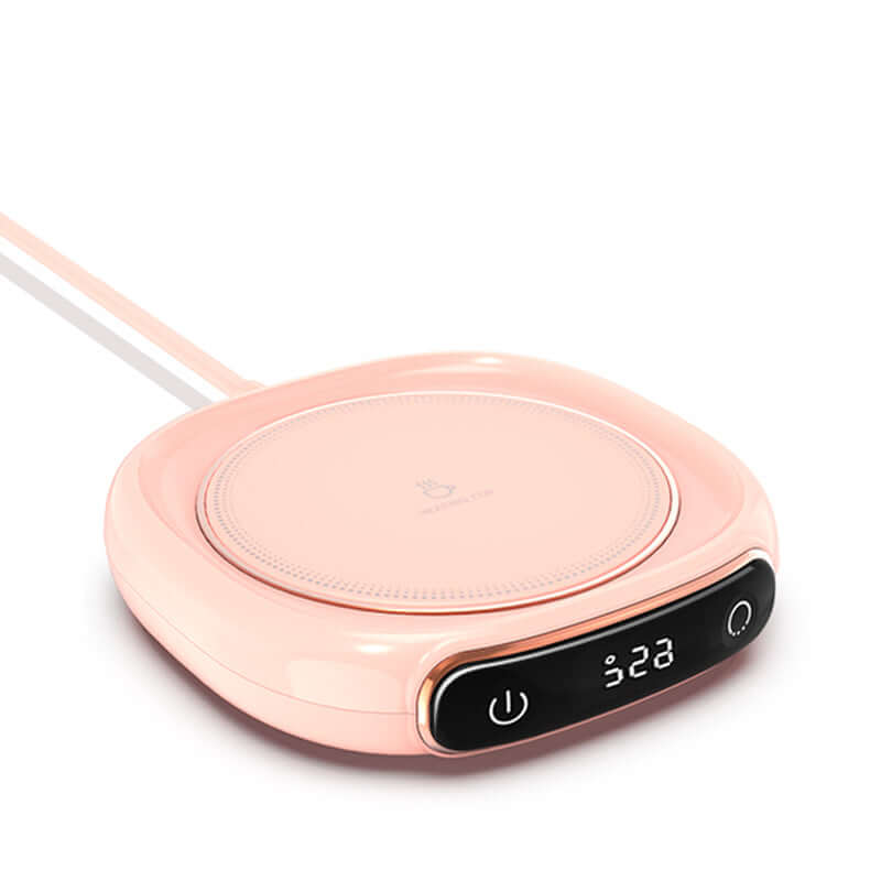USB mug warmer coaster in pink color with digital temperature display for keeping drinks warm