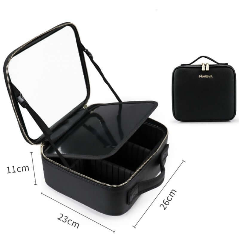 Smart LED lighted makeup case with clear mirror and spacious interior, designed for perfect lighting and organization.