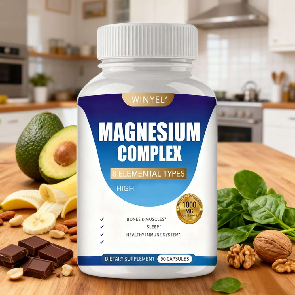Daily magnesium supplement for improved sleep, muscle support, and wellbeing in a 90-capsule container.