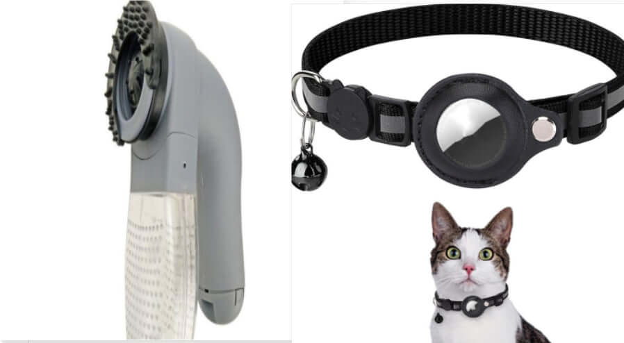 Adjustable nylon pet collar displayed with a grooming tool, suitable for cats and dogs, designed for comfort and style.