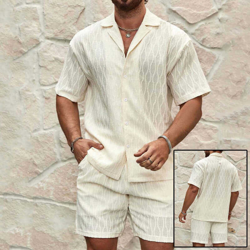 men's summer tracksuits in milky white, featuring short sleeves and shorts, showcasing unique design and comfort.
