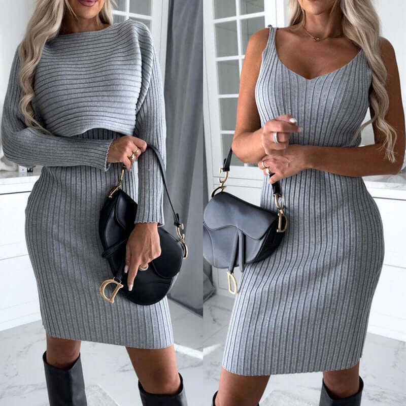 Stylish women's gray ribbed dress with long sleeves and spaghetti straps, paired with a chic black handbag.