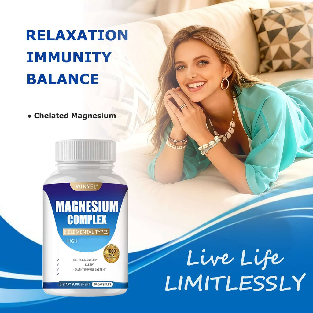 Magnesium supplement bottle for daily magnesium supplement featuring benefits of relaxation, immunity, and balance.