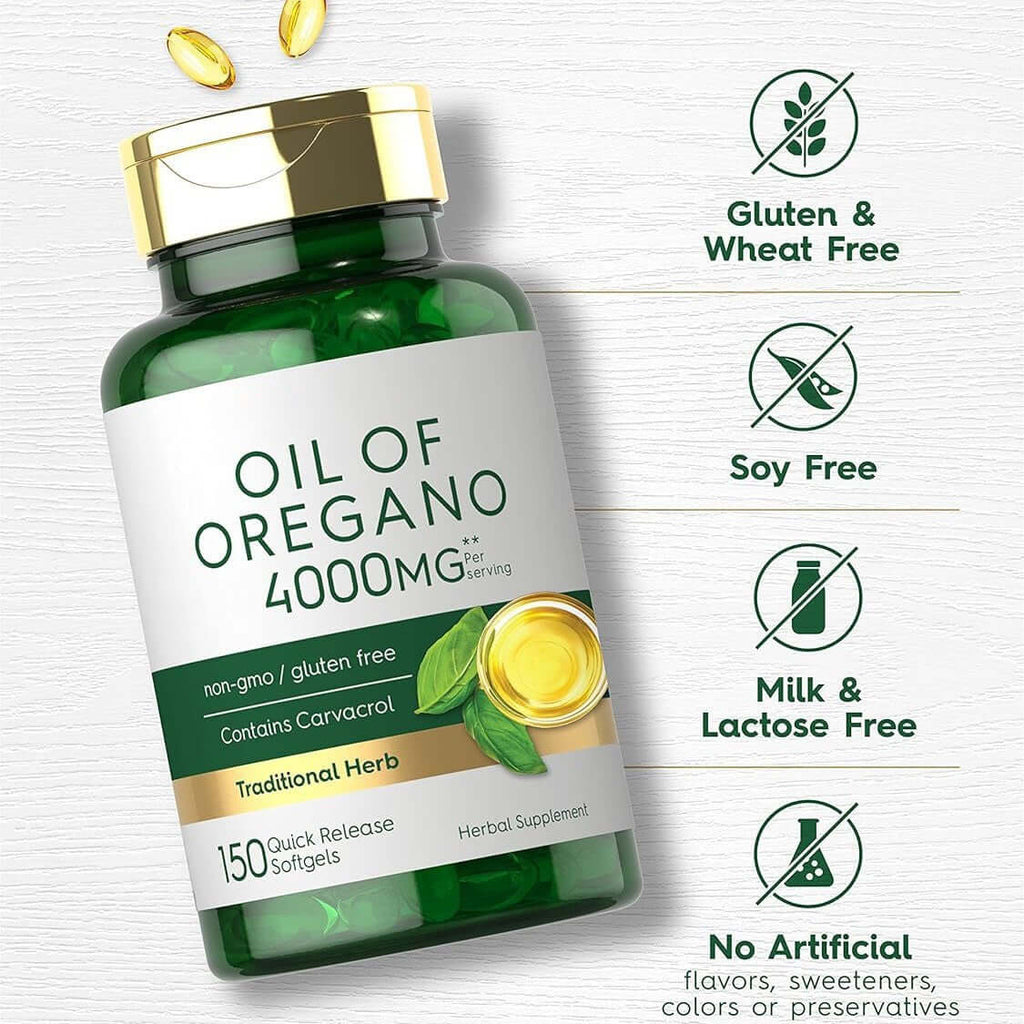 Oregano Oil Capsule with 4000mg, gluten-free, soy-free, and milk-free, a perfect oregano oil dietary supplement.