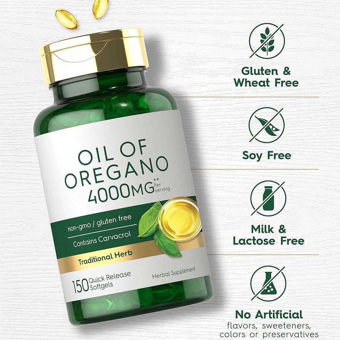 Oregano Oil Capsule with 4000mg, gluten-free, soy-free, and milk-free, a perfect oregano oil dietary supplement.