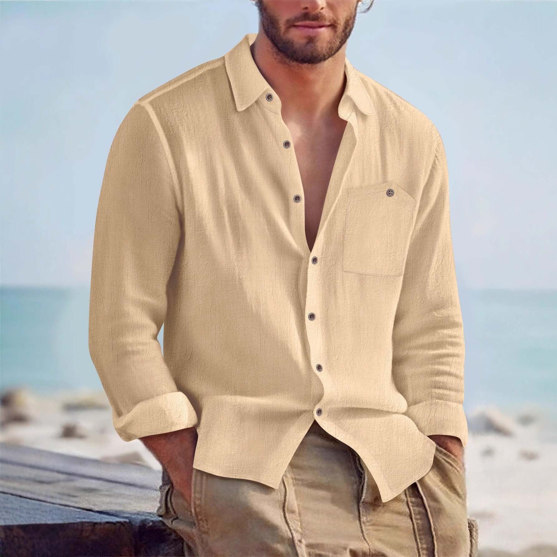 Men's Linen Blend Long-Sleeve Cardigan Shirt – Open Front in 7 Colours - All you Need